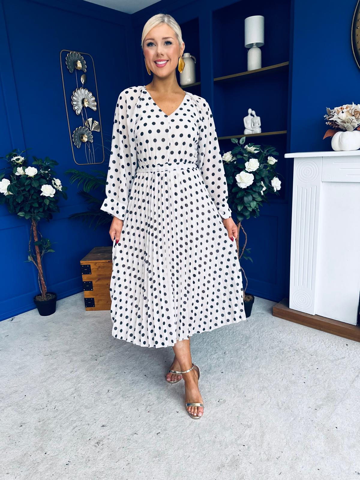 Caragh Pleated Midi Dress Polka Cream