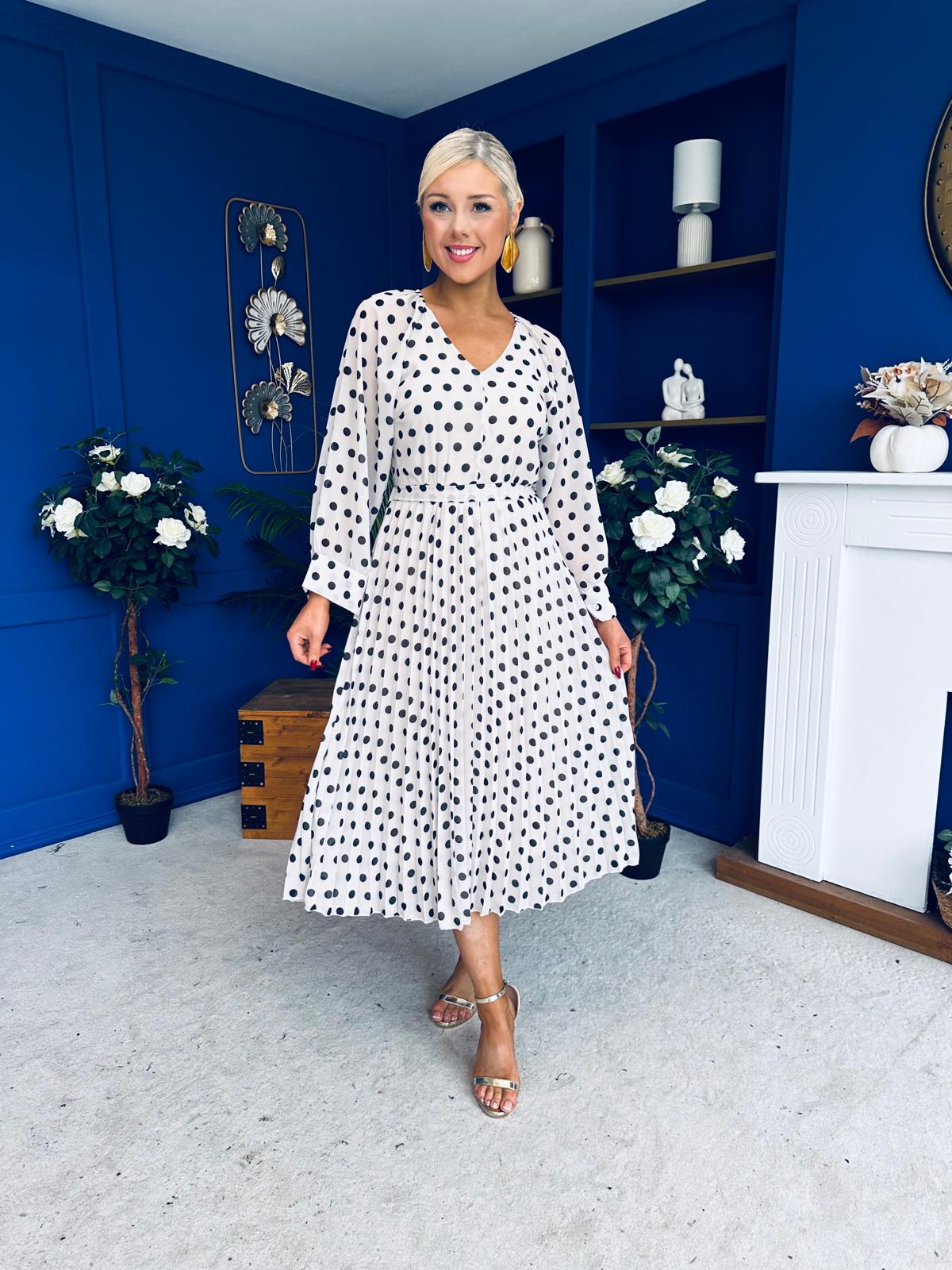 Caragh Pleated Midi Dress Polka Cream