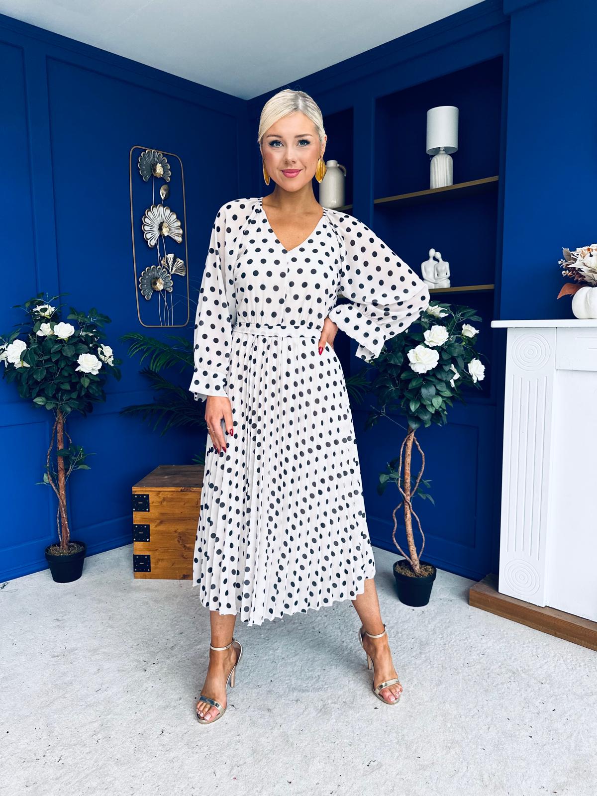 Caragh Pleated Midi Dress Polka Cream