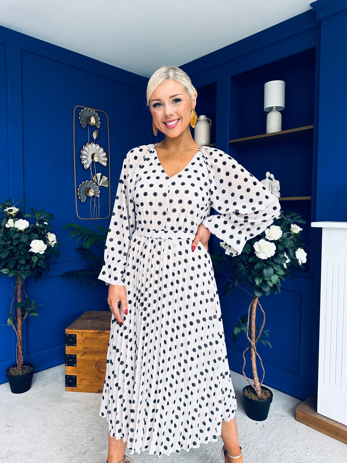 Caragh Pleated Midi Dress Polka Cream