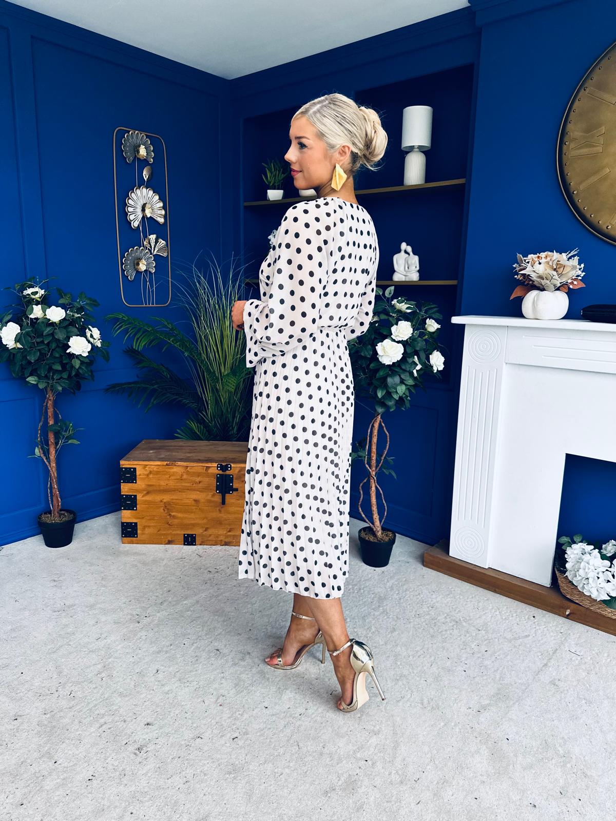 Caragh Pleated Midi Dress Polka Cream