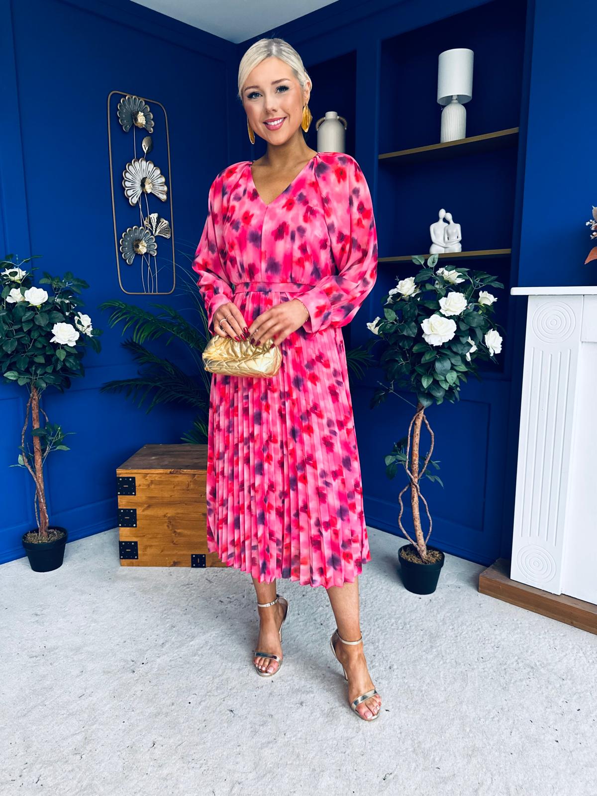 Caragh Pleated Midi Dress Floral Pink