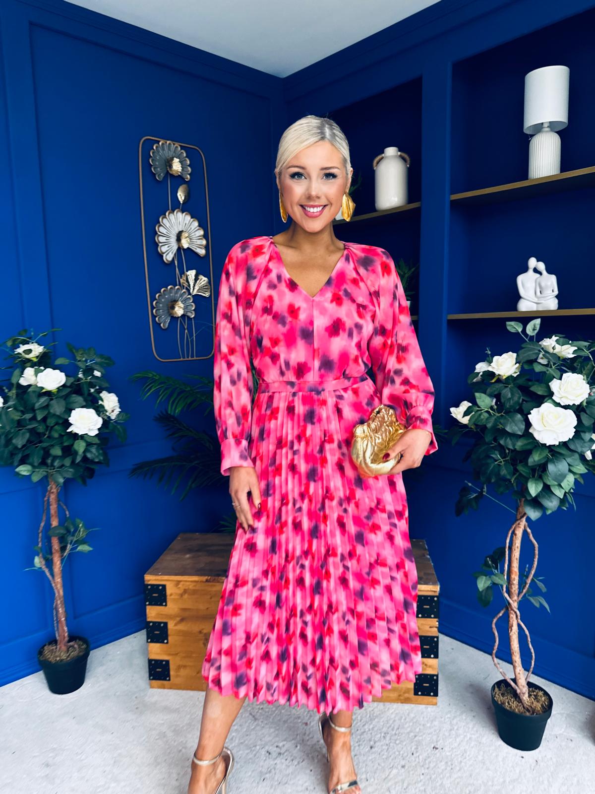 Caragh Pleated Midi Dress Floral Pink