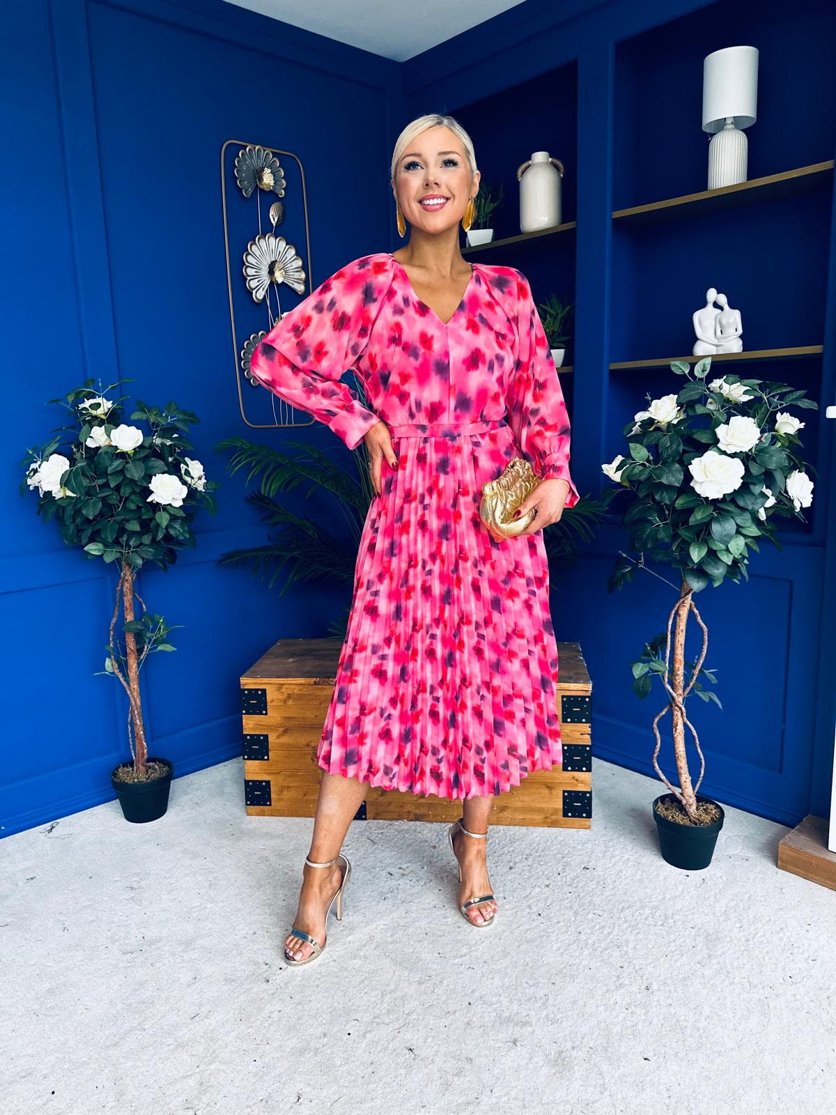 Caragh Pleated Midi Dress Floral Pink