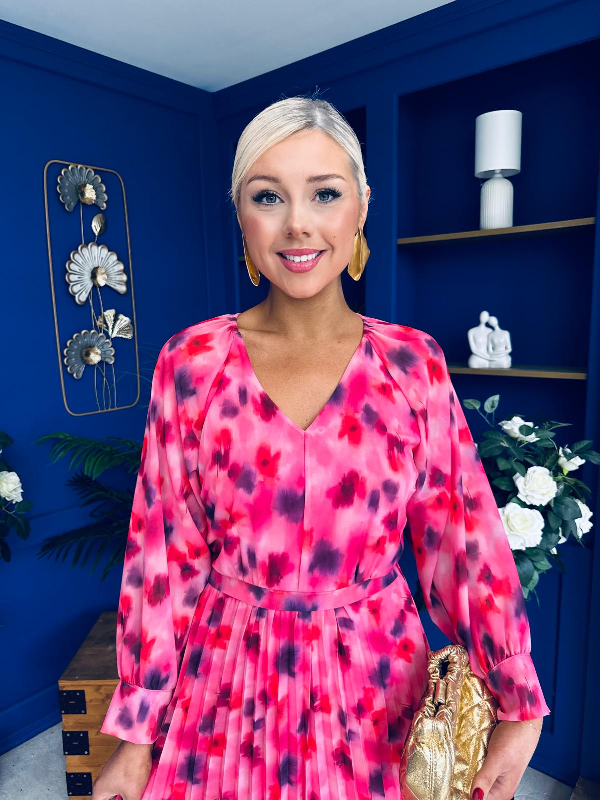 Caragh Pleated Midi Dress Floral Pink