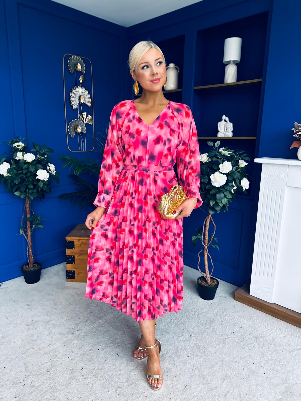 Caragh Pleated Midi Dress Floral Pink