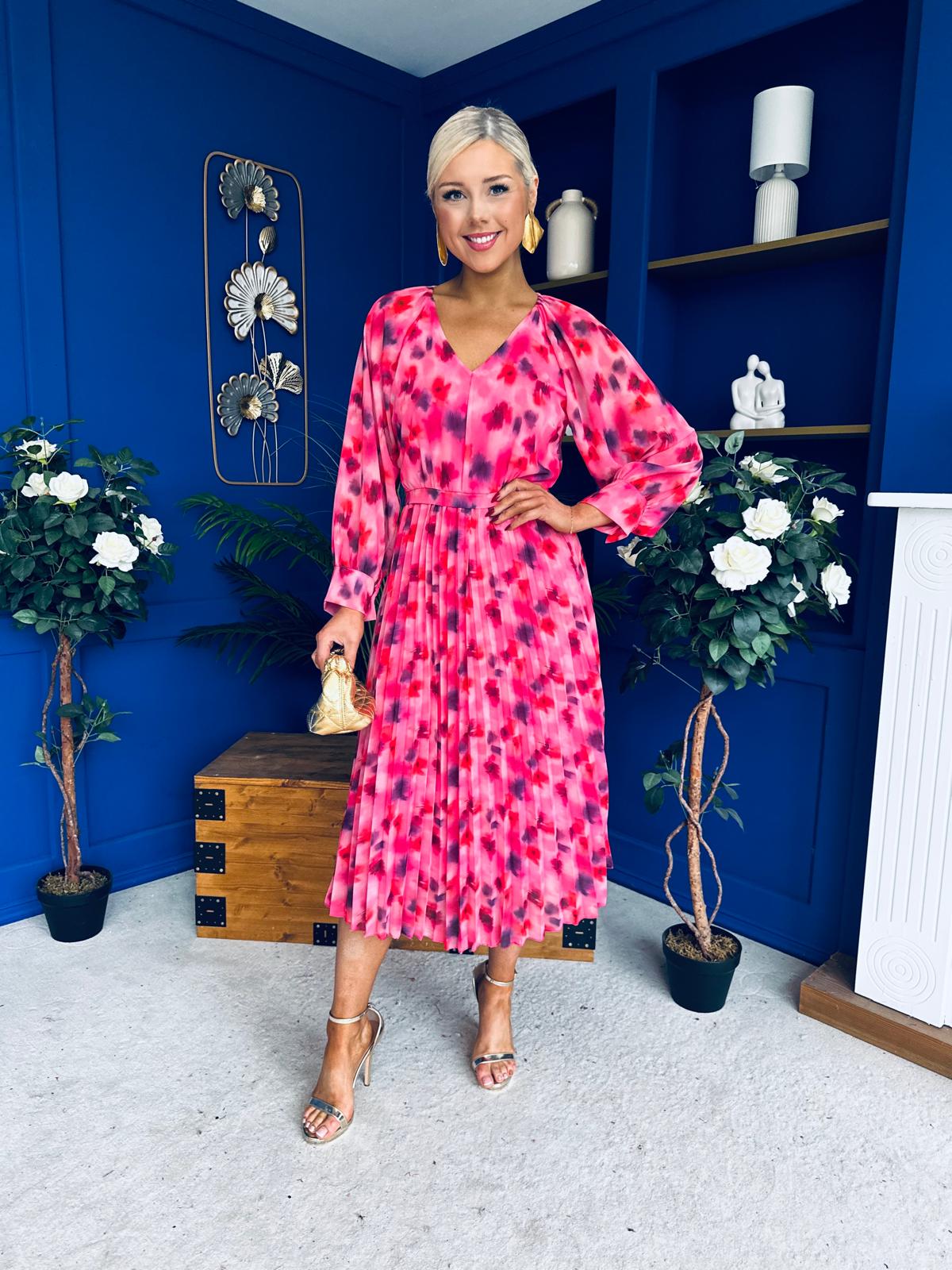 Caragh Pleated Midi Dress Floral Pink