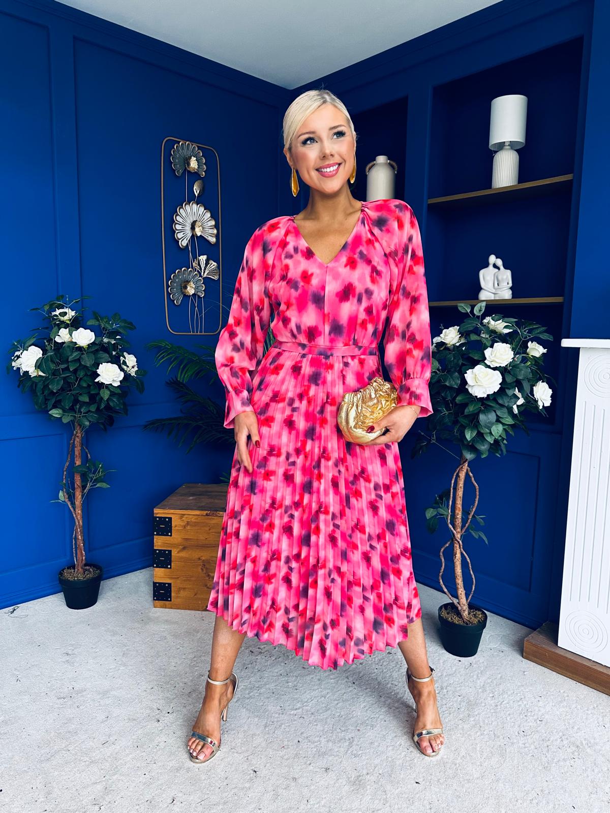 Caragh Pleated Midi Dress Floral Pink