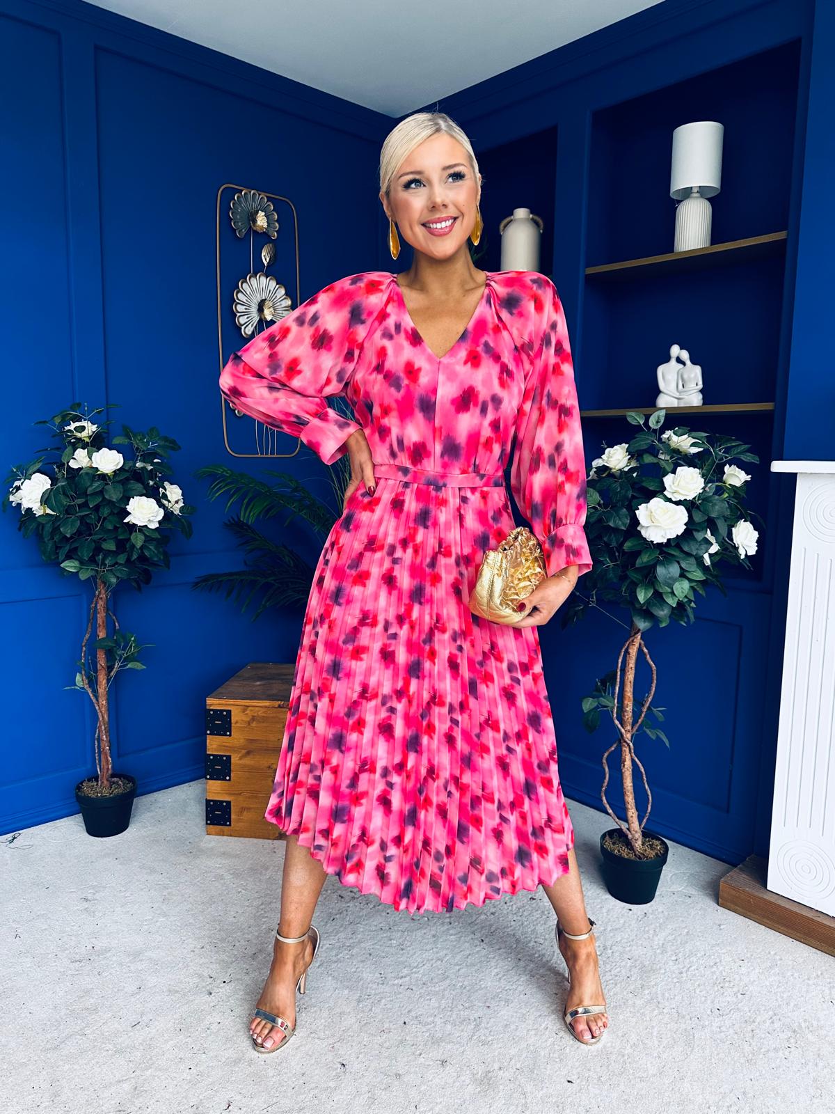 Caragh Pleated Midi Dress Floral Pink