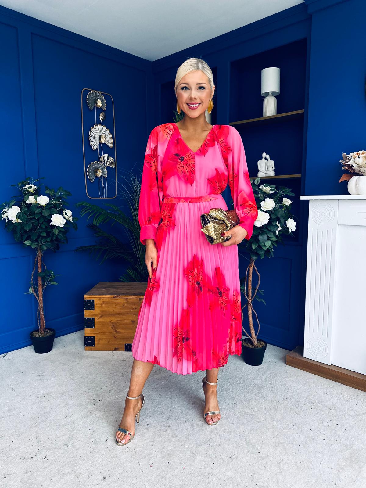 Caragh Pleated Midi Dress Floral Cerise