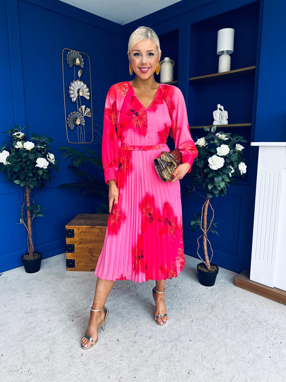 Caragh Pleated Midi Dress Floral Cerise