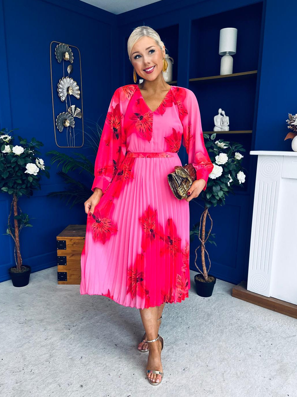 Caragh Pleated Midi Dress Floral Cerise