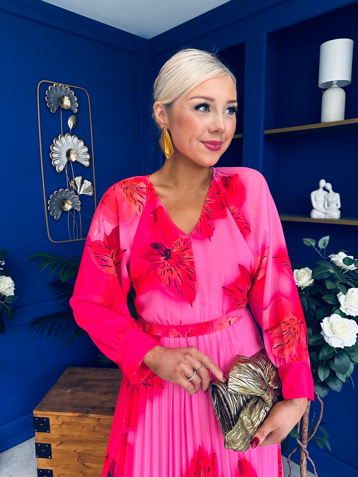 Caragh Pleated Midi Dress Floral Cerise