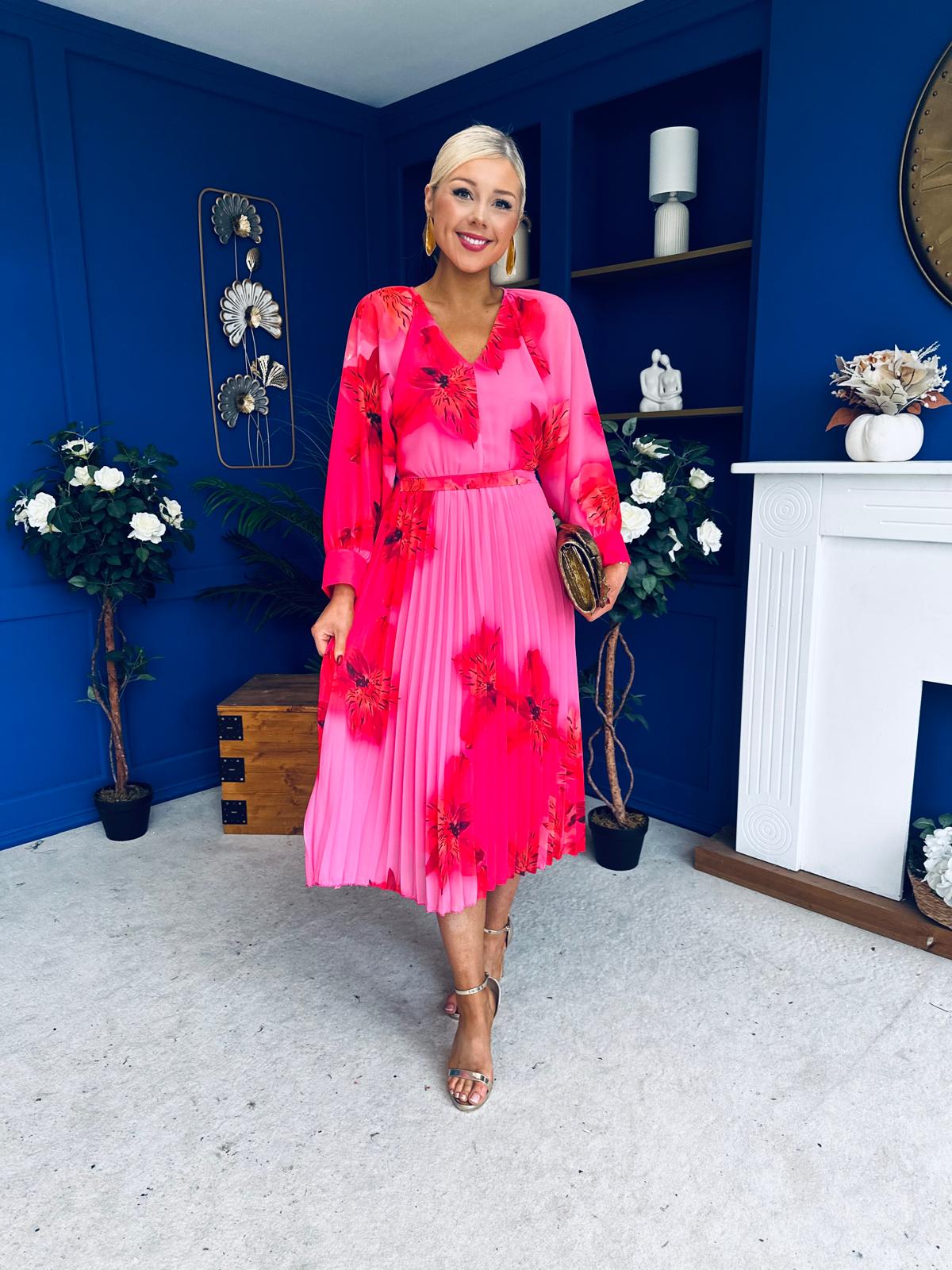 Caragh Pleated Midi Dress Floral Cerise