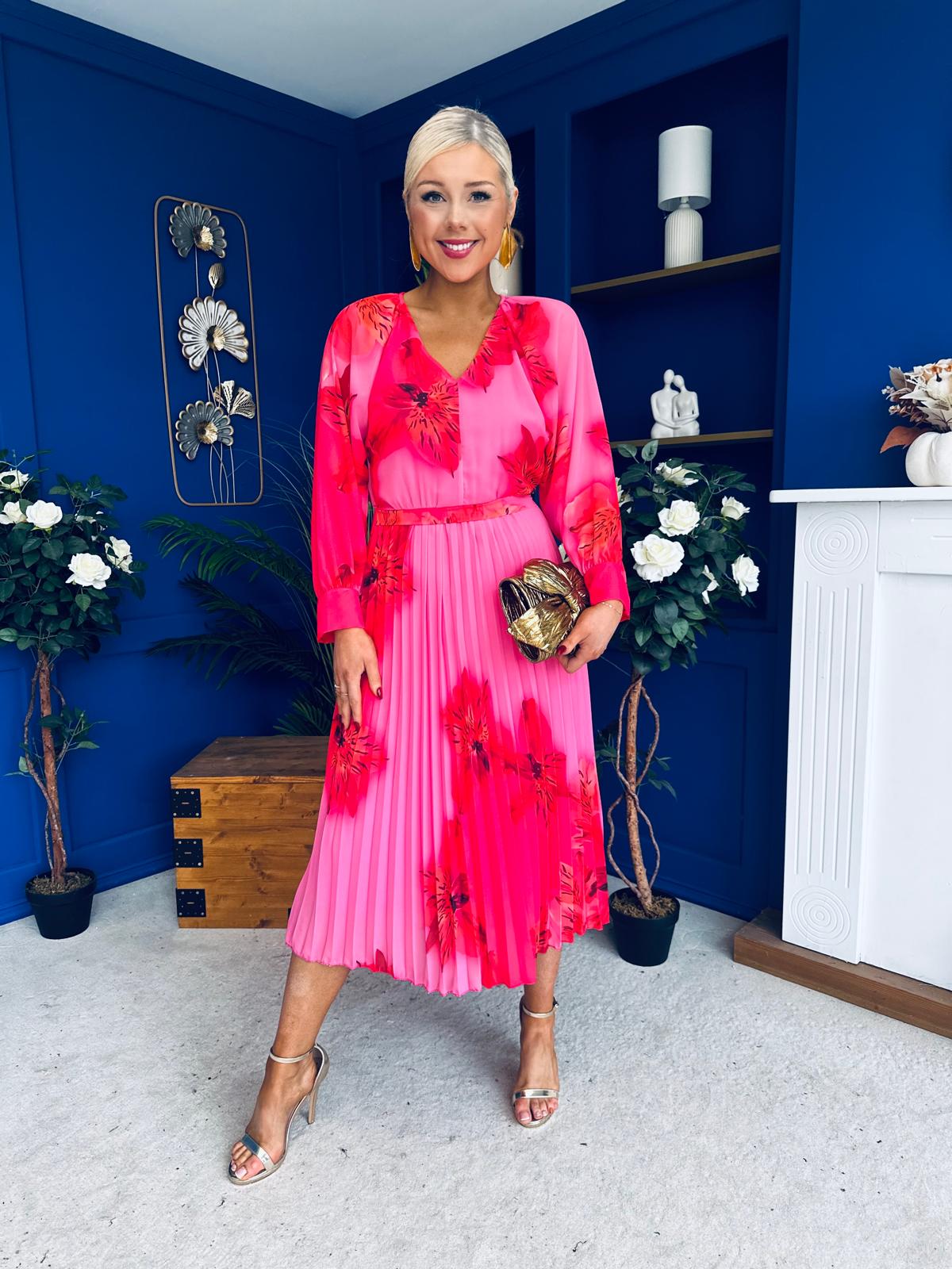 Caragh Pleated Midi Dress Floral Cerise