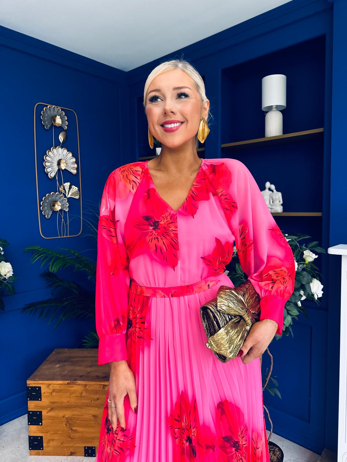 Caragh Pleated Midi Dress Floral Cerise