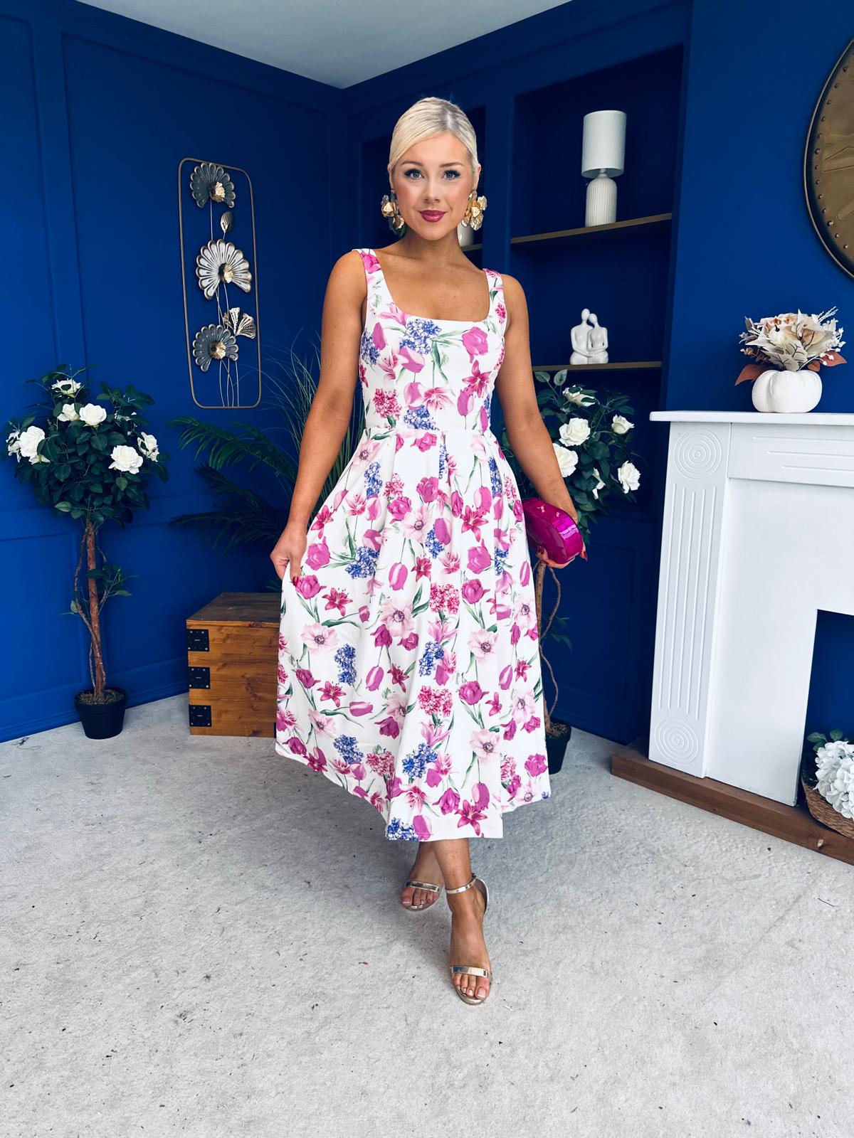 Priah Floral Print Square Neck A-line Midi Dress Pink Canella Lane Priah Floral Print Square Neck A-line Midi Dress Pink Canella Lane