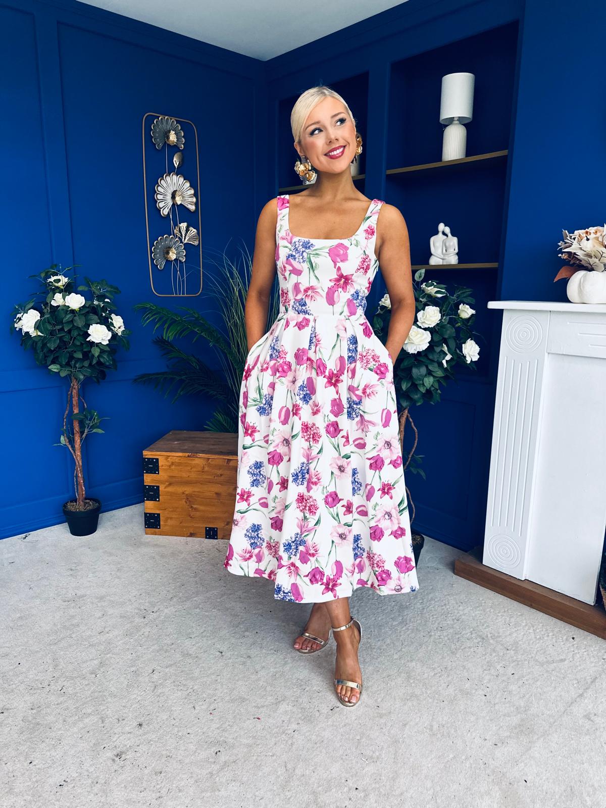 Priah Floral Print Square Neck A-line Midi Dress Pink Canella Lane Priah Floral Print Square Neck A-line Midi Dress Pink Canella Lane