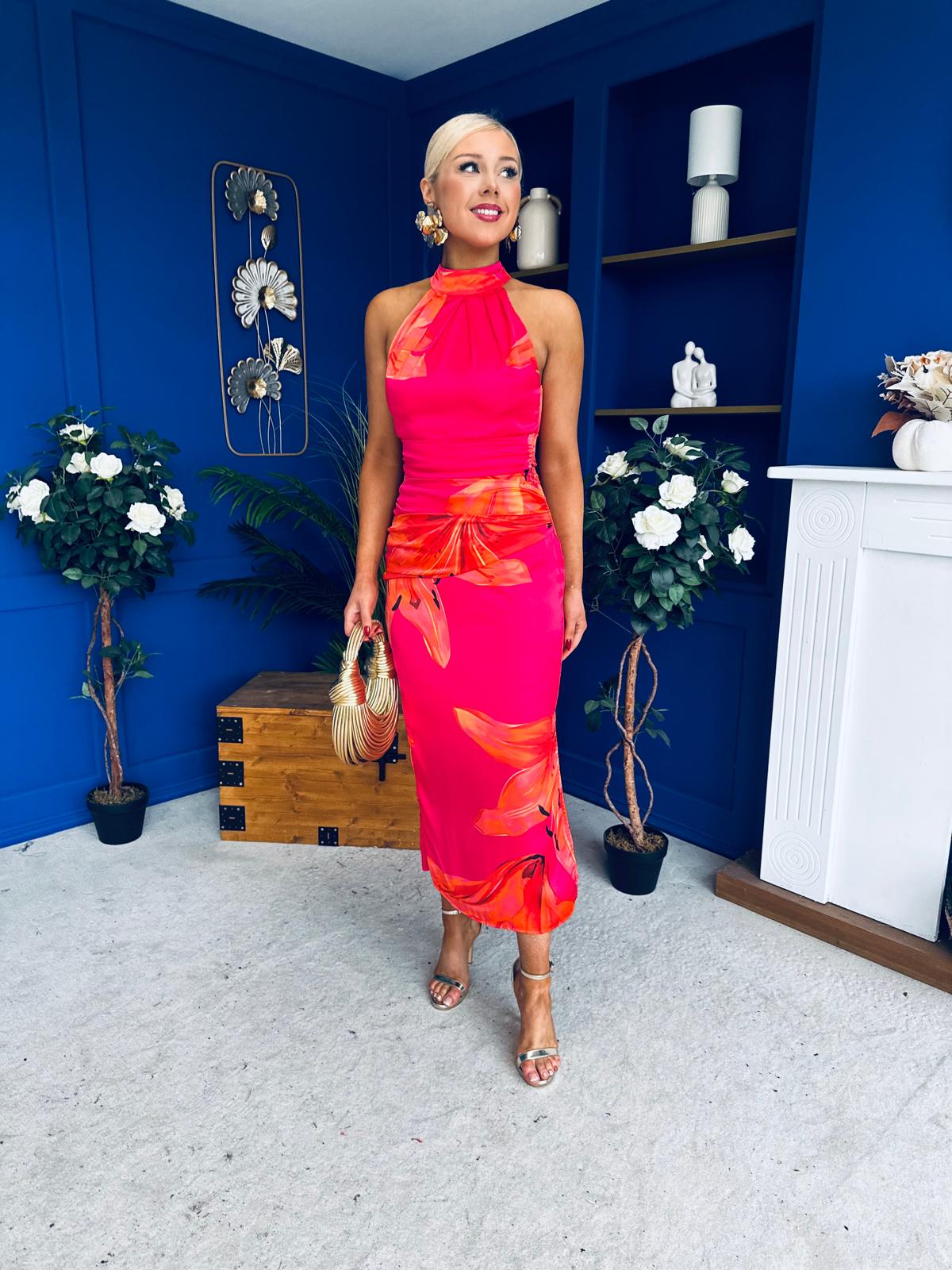 Elodie Floral Print Halter Neck Midi Dress Amber & Pink