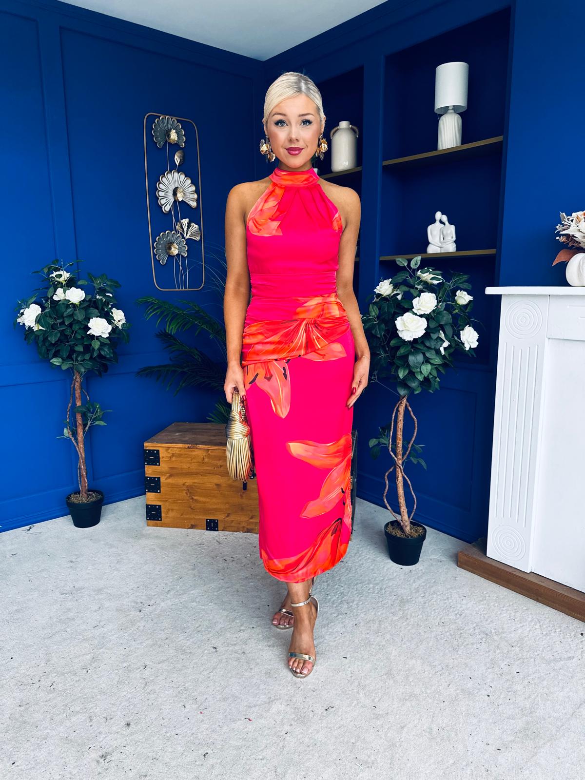 Elodie Floral Print Halter Neck Midi Dress Amber & Pink
