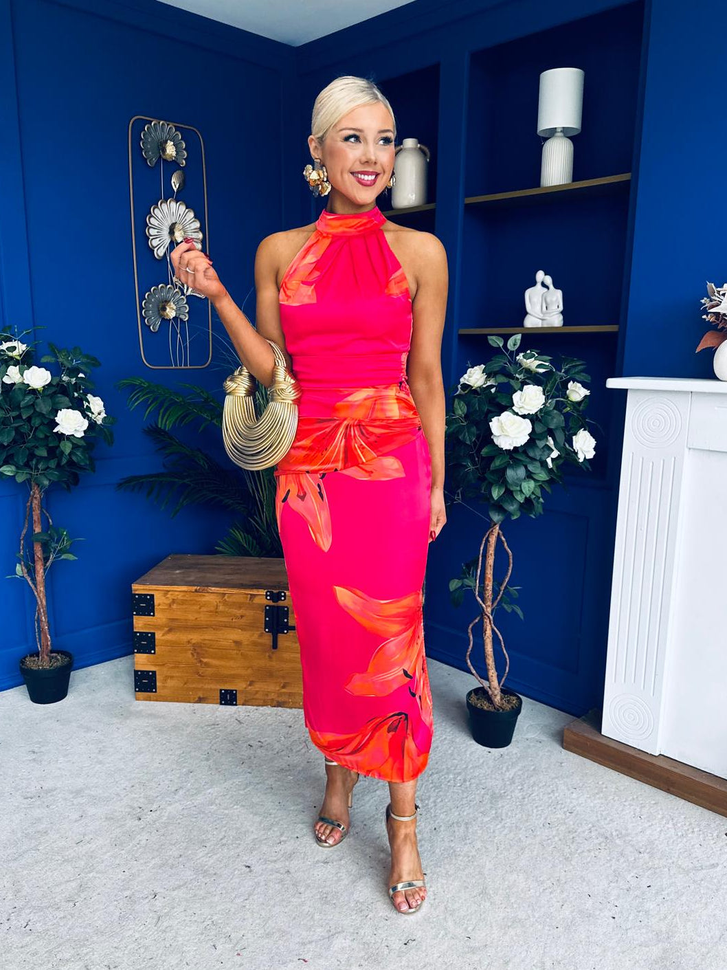 Elodie Floral Print Halter Neck Midi Dress Amber & Pink