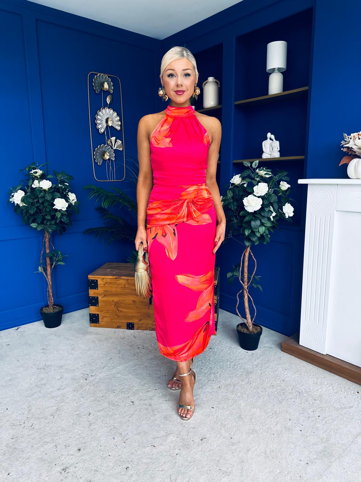 Elodie Floral Print Halter Neck Midi Dress Amber & Pink