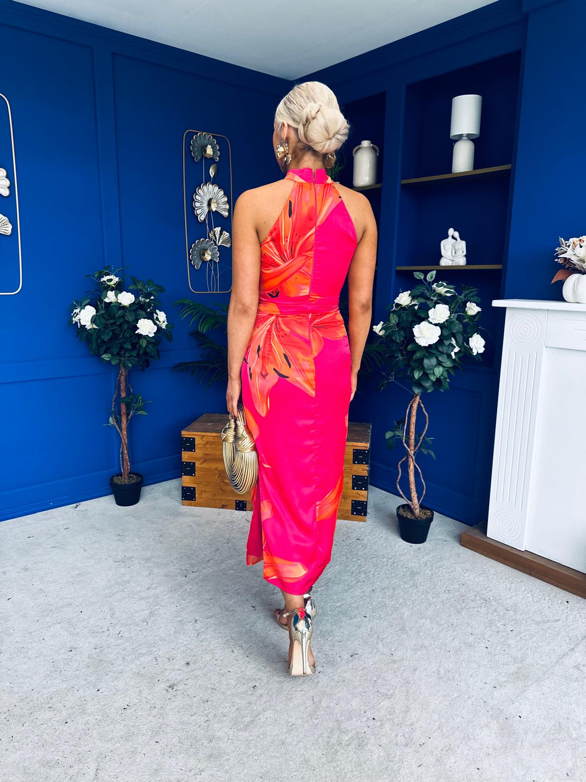 Elodie Floral Print Halter Neck Midi Dress Amber & Pink