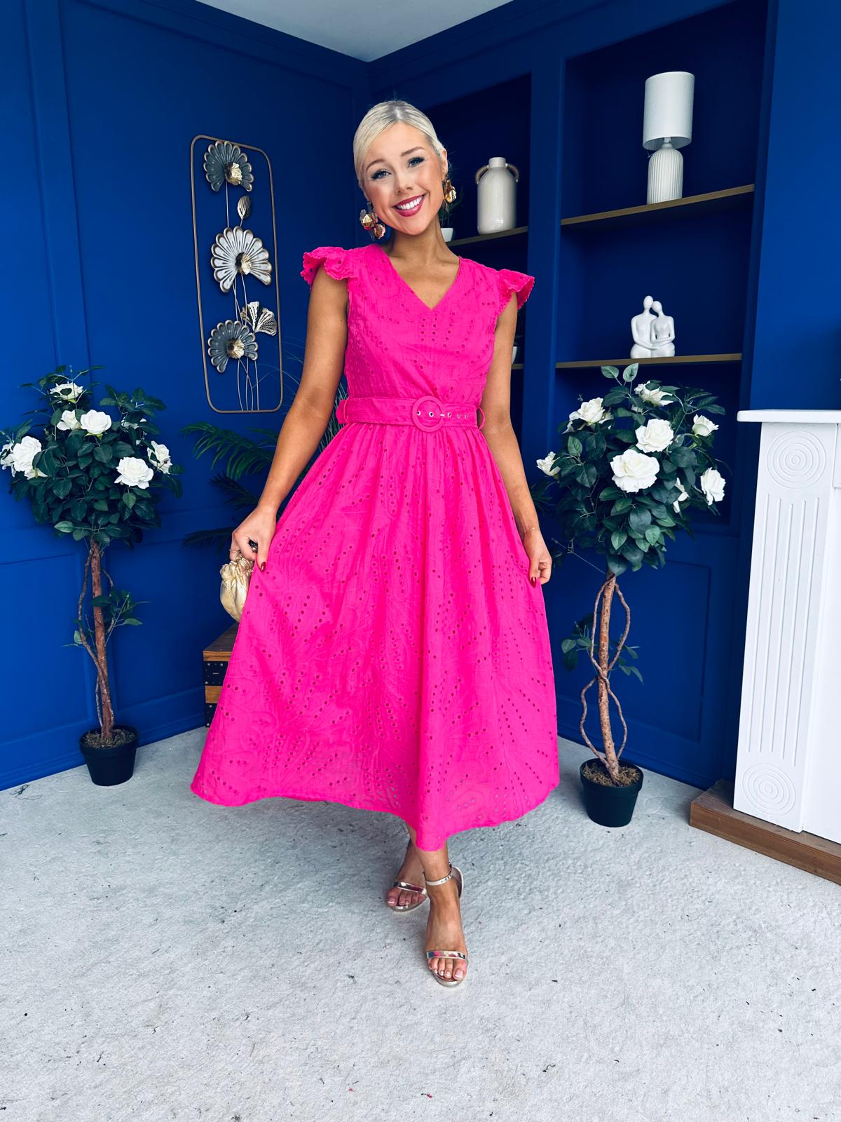 Jodie Crochet Detail Occasion Dress Fuchsia