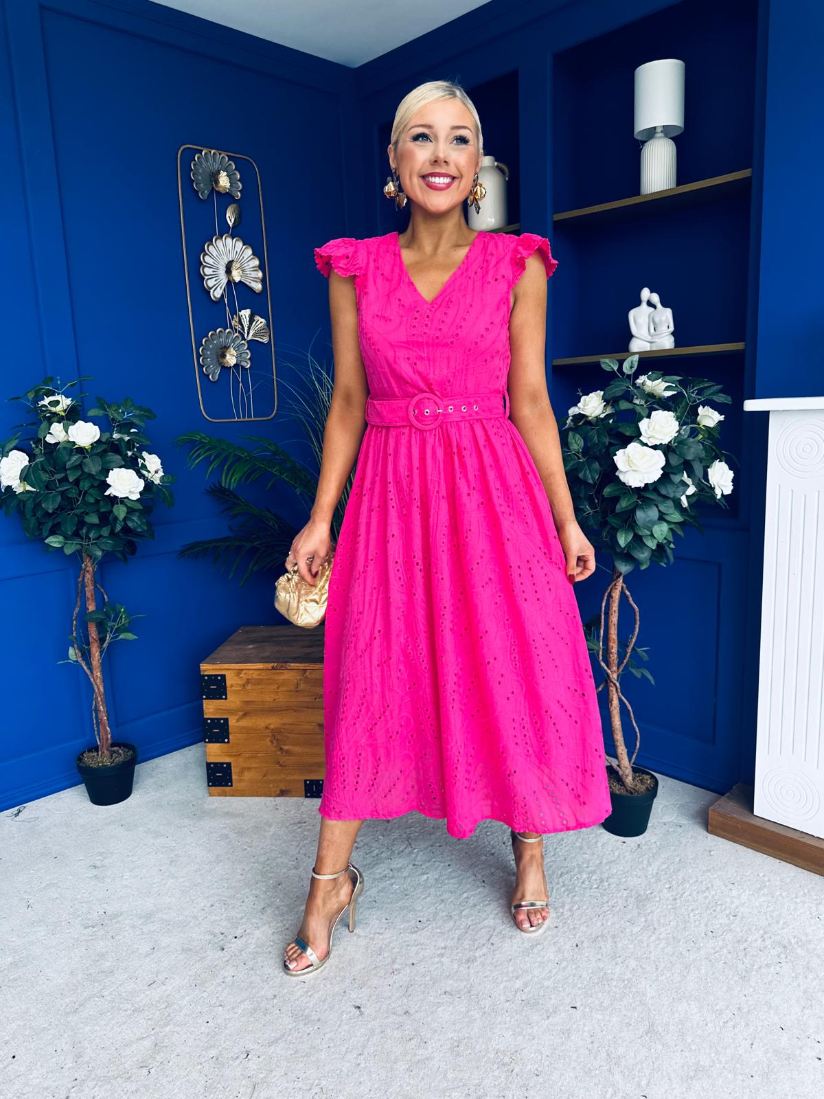 Jodie Crochet Detail Occasion Dress Fuchsia