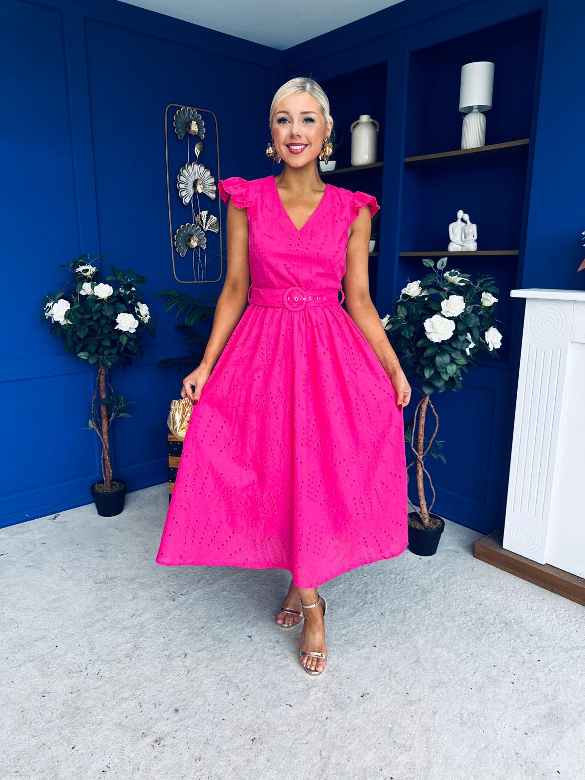 Jodie Crochet Detail Occasion Dress Fuchsia
