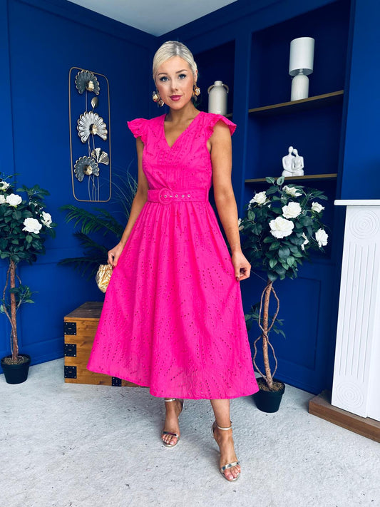Jodie Crochet Detail Occasion Dress Fuchsia