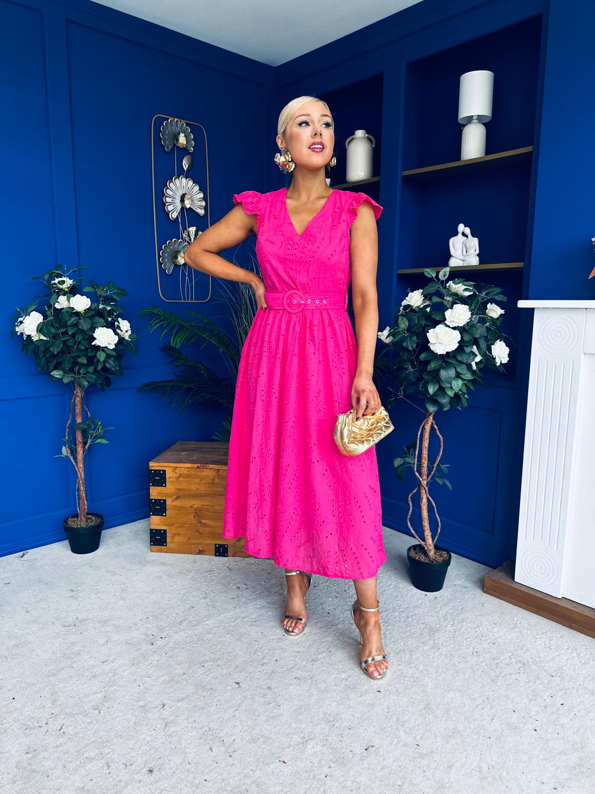 Jodie Crochet Detail Occasion Dress Fuchsia