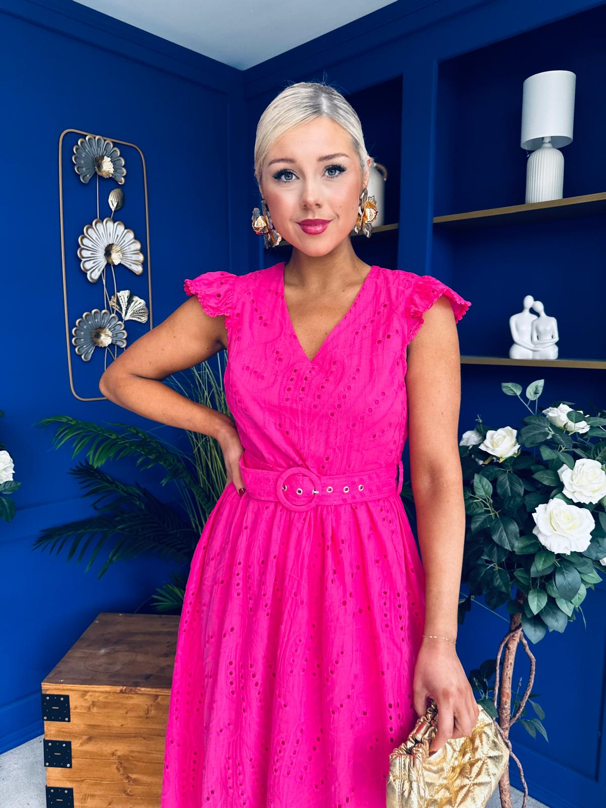 Jodie Crochet Detail Occasion Dress Fuchsia