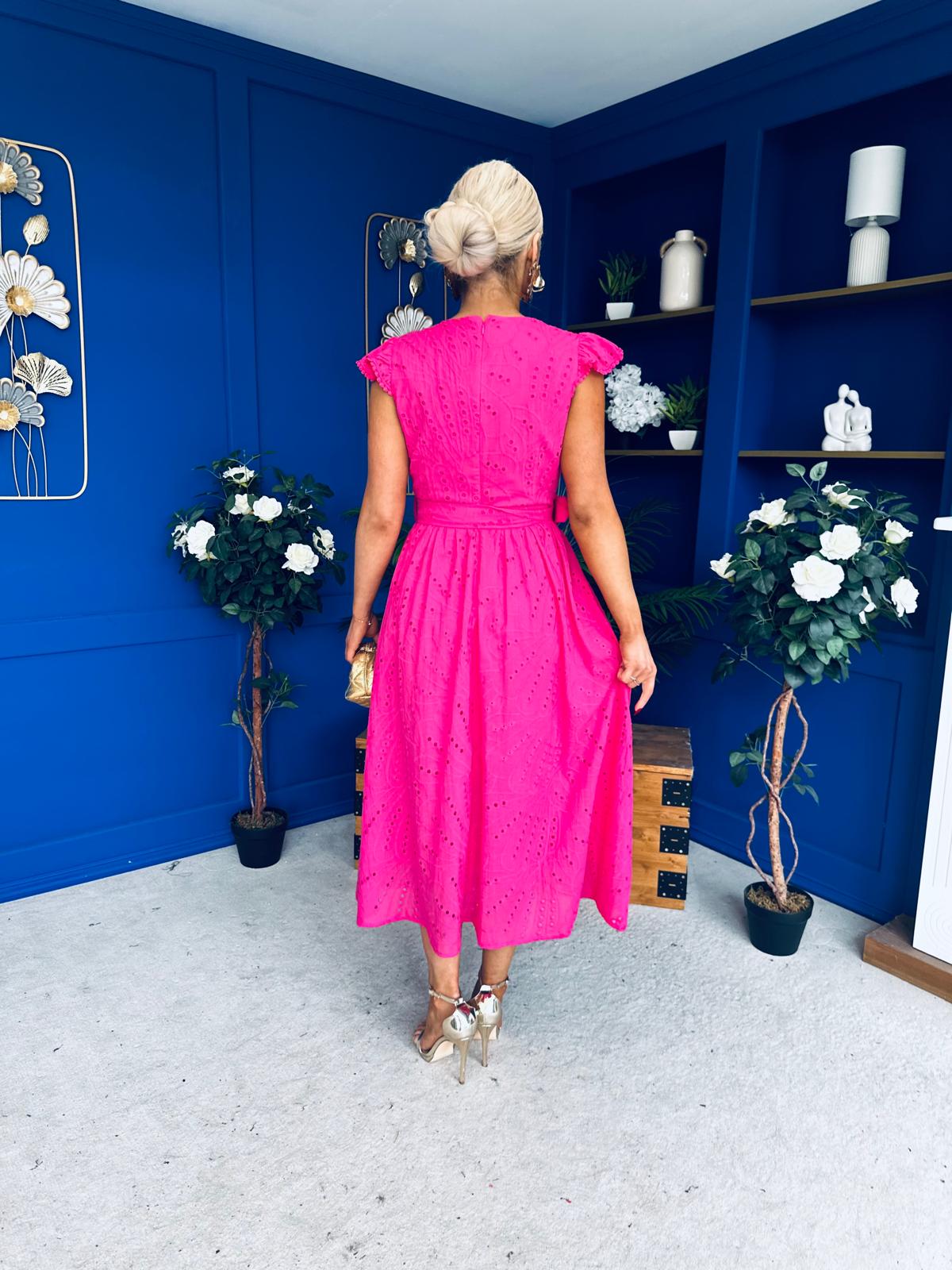 Jodie Crochet Detail Occasion Dress Fuchsia