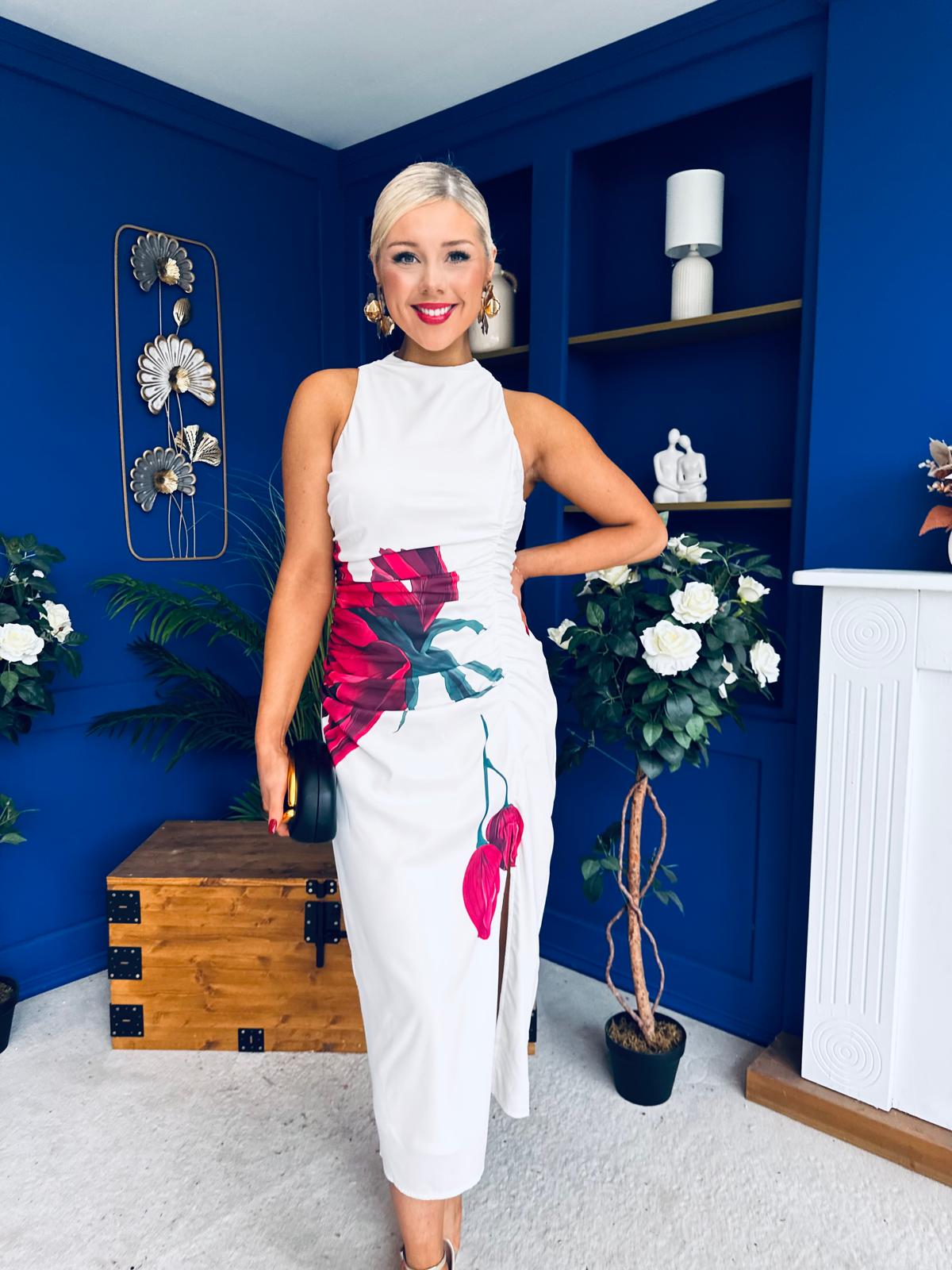 Murta High Neck Ruched Midi Dress Floral White