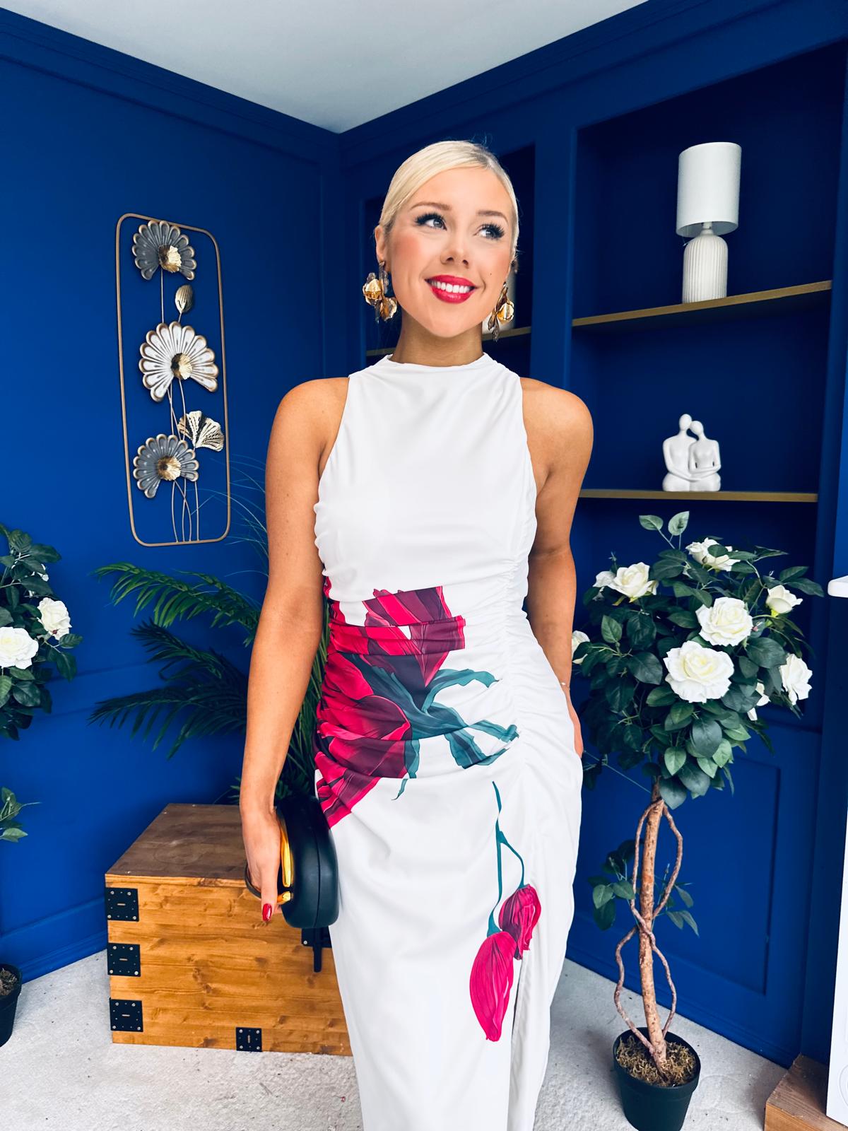 Murta High Neck Ruched Midi Dress Floral White