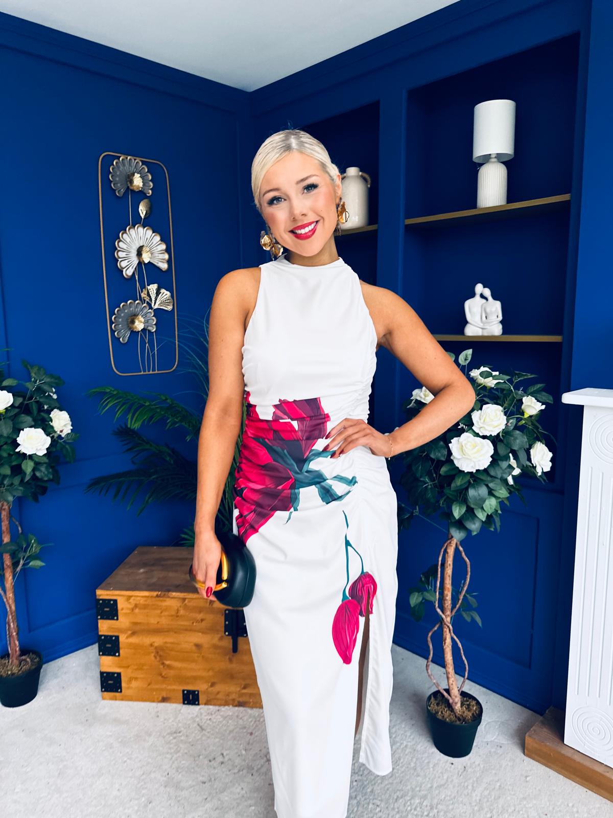 Murta High Neck Ruched Midi Dress Floral White