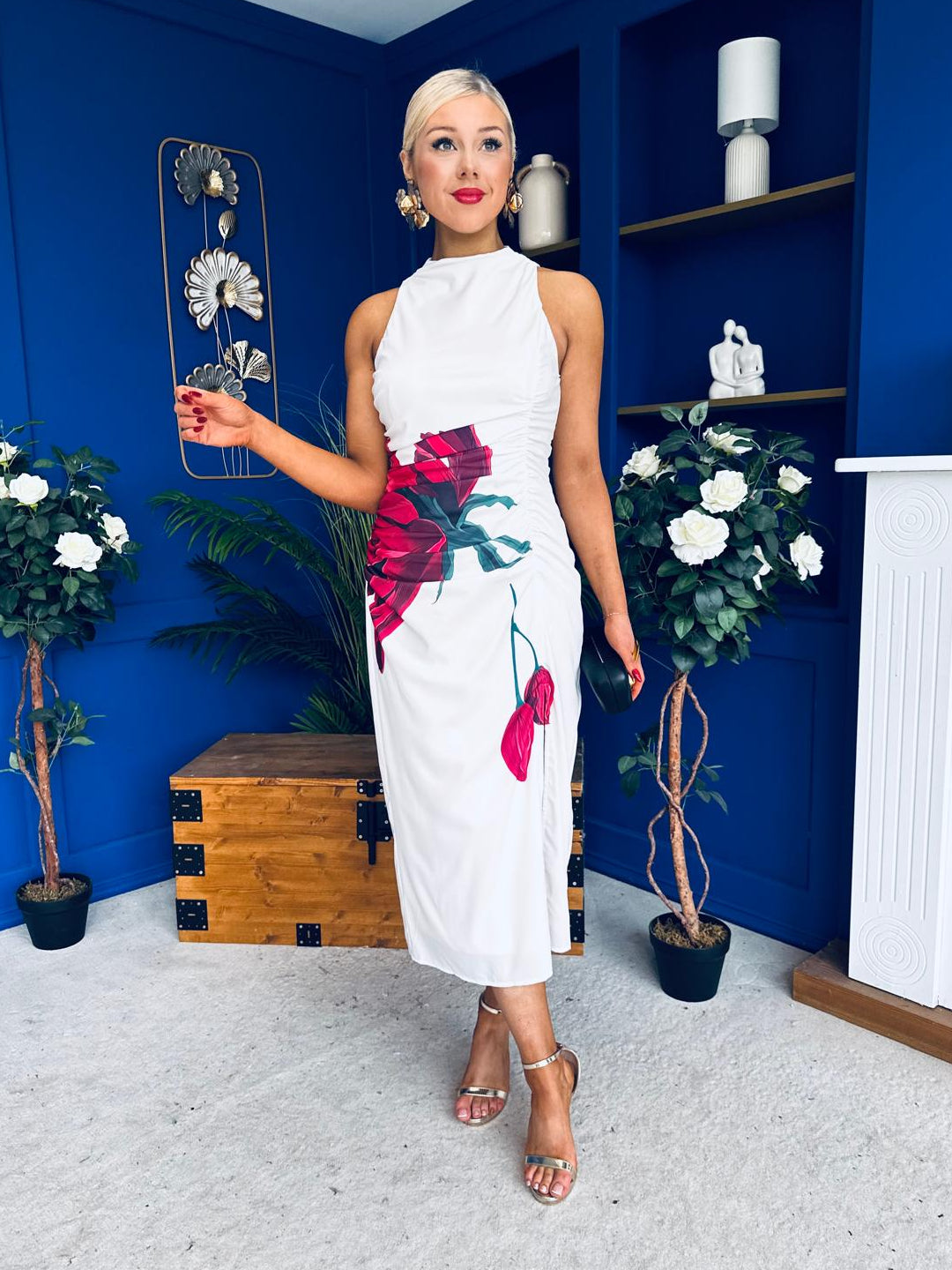 Murta High Neck Ruched Midi Dress Floral White