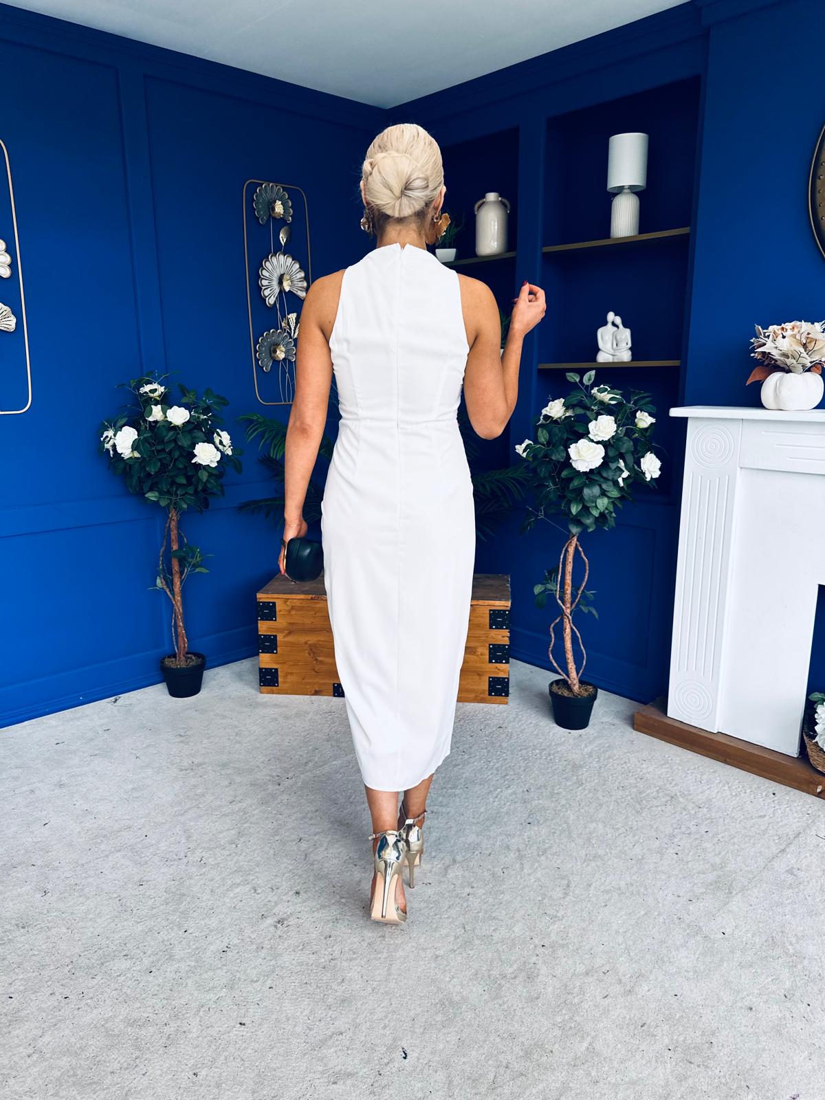 Murta High Neck Ruched Midi Dress Floral White