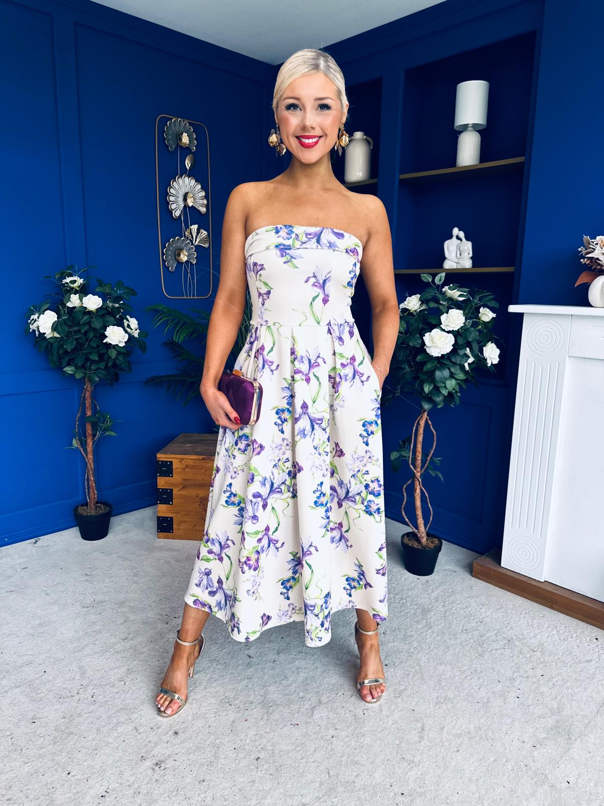 Danni Strapless Bandeau Midi Dress Floral Lilac & Cream
