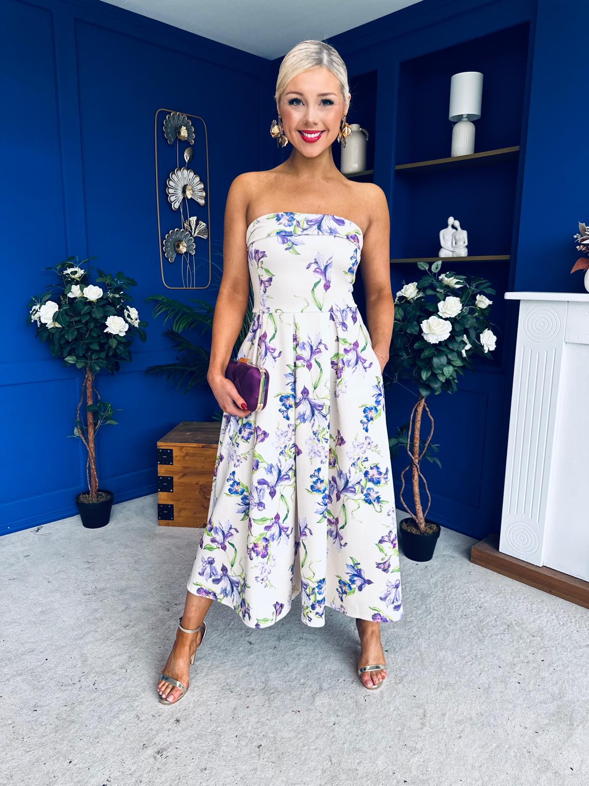 Danni Strapless Bandeau Midi Dress Floral Lilac & Cream