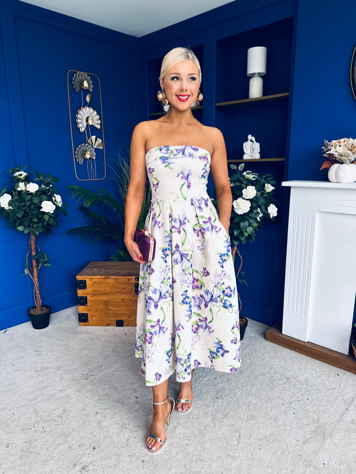 Danni Strapless Bandeau Midi Dress Floral Lilac & Cream