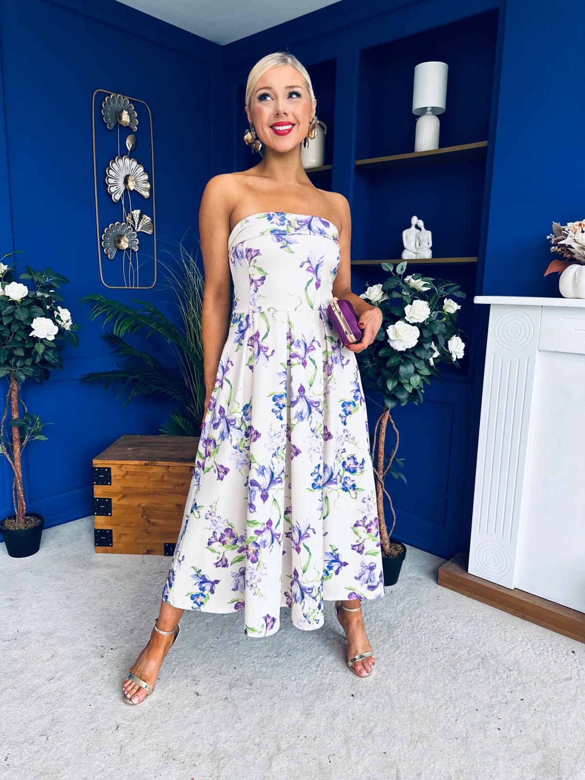 Danni Strapless Bandeau Midi Dress Floral Lilac & Cream