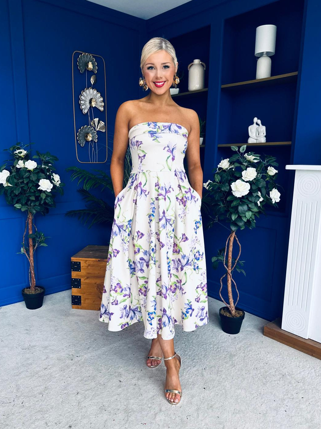 Danni Strapless Bandeau Midi Dress Floral Lilac & Cream