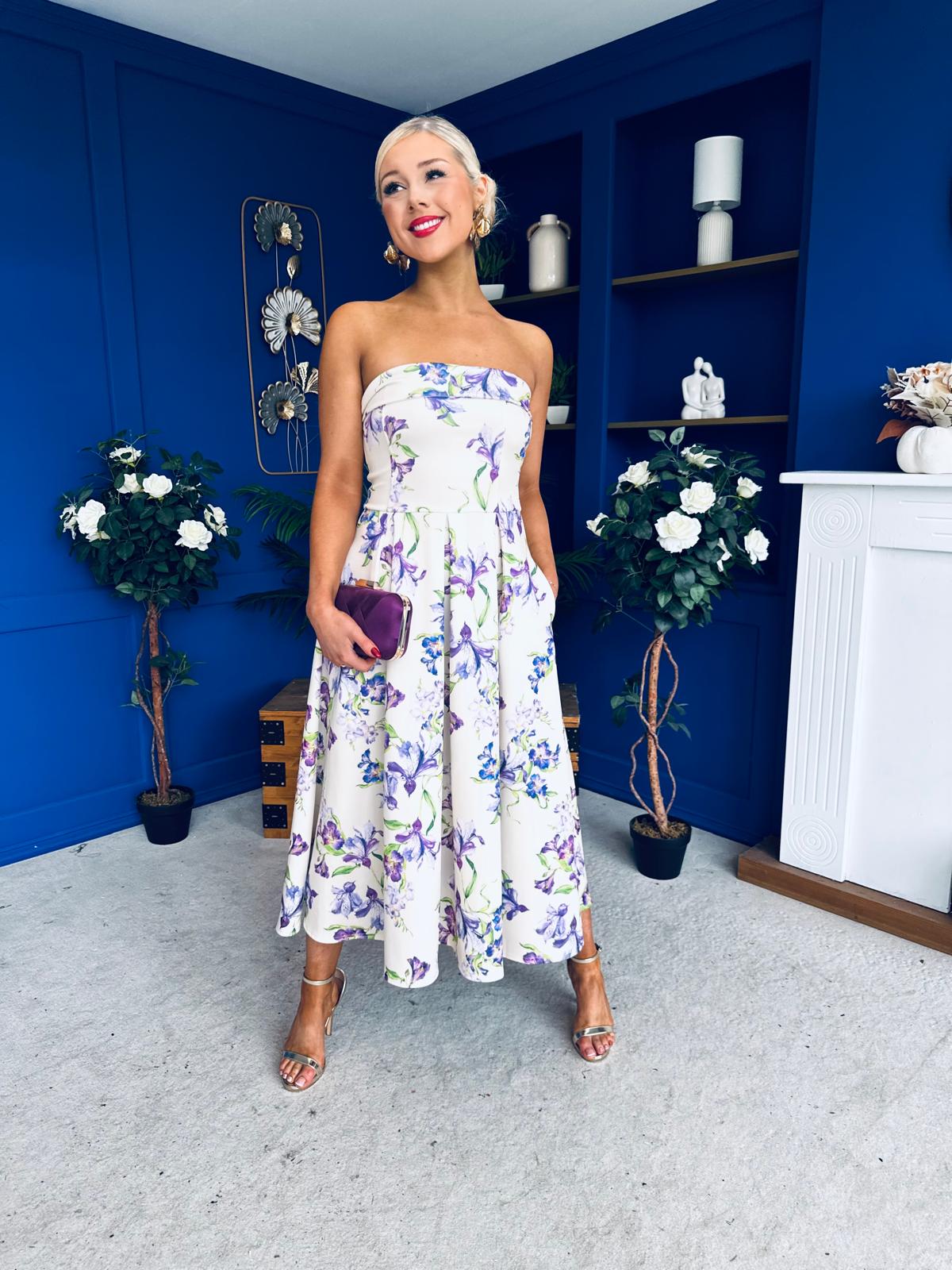 Danni Strapless Bandeau Midi Dress Floral Lilac & Cream