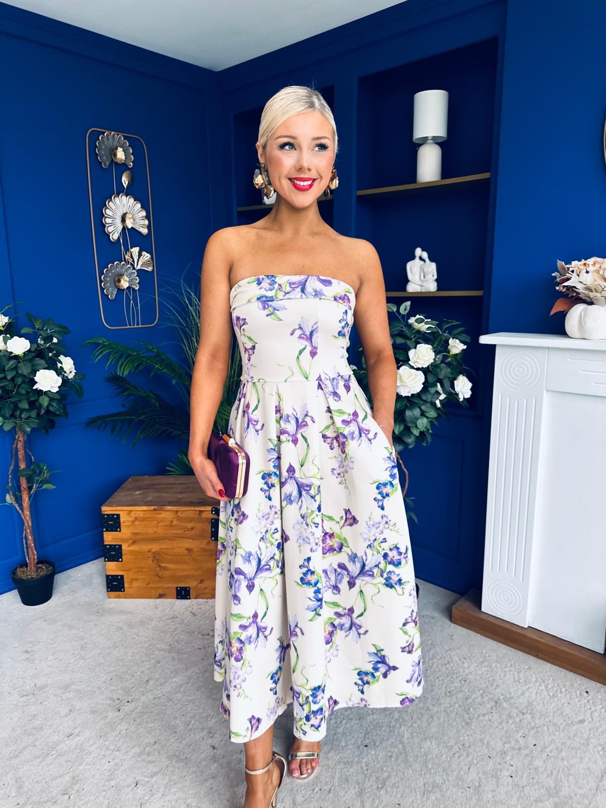 Danni Strapless Bandeau Midi Dress Floral Lilac & Cream