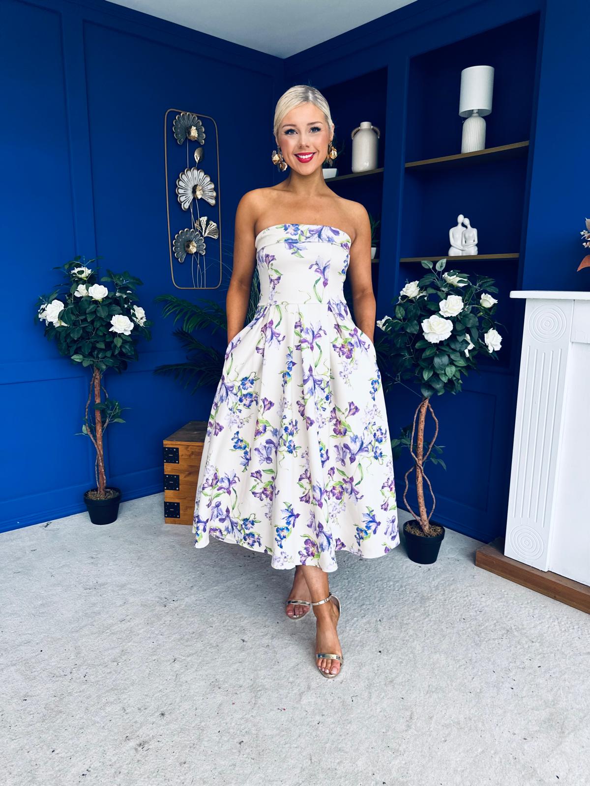 Danni Strapless Bandeau Midi Dress Floral Lilac & Cream