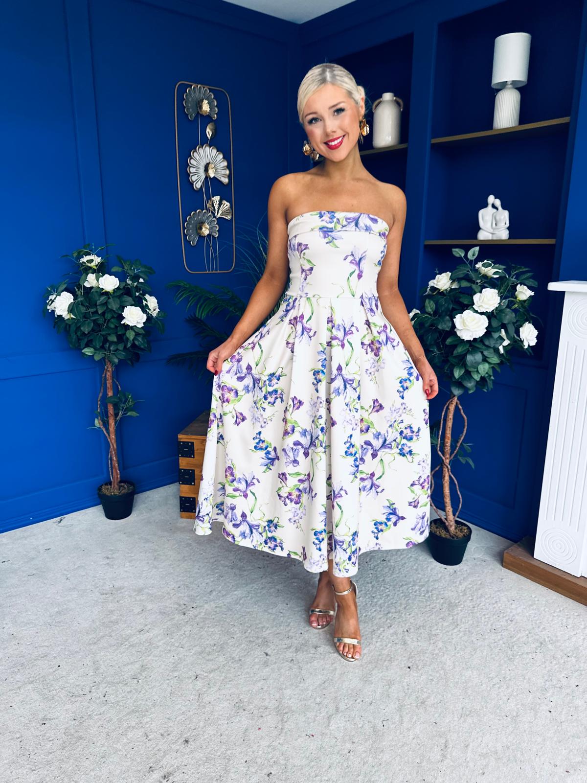 Danni Strapless Bandeau Midi Dress Floral Lilac & Cream