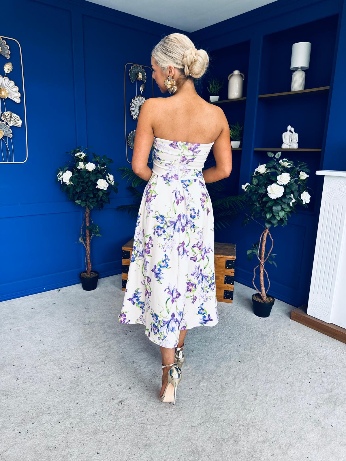 Danni Strapless Bandeau Midi Dress Floral Lilac & Cream