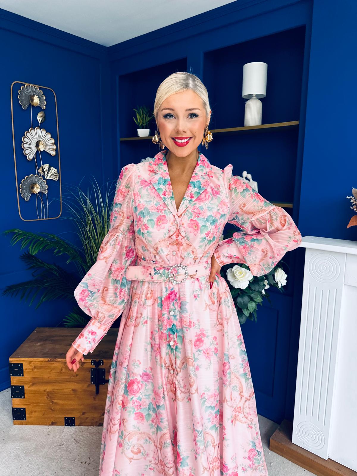 Evelyn Detailed Midi Shirt Dress Floral Pink